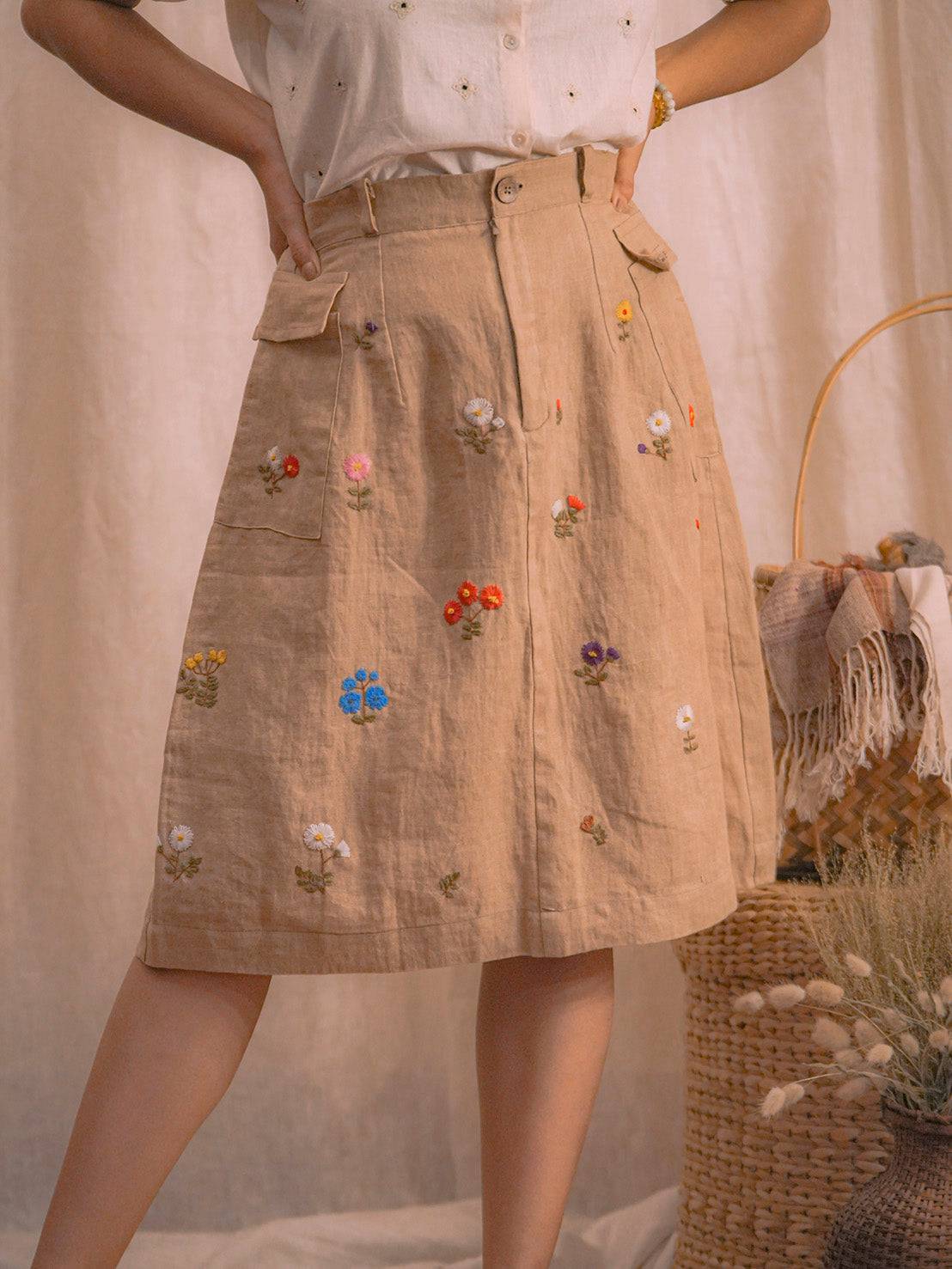 Zara Hand Embroidered Linen Natural Dyed Skirt Punarnawa Soul of Artistry