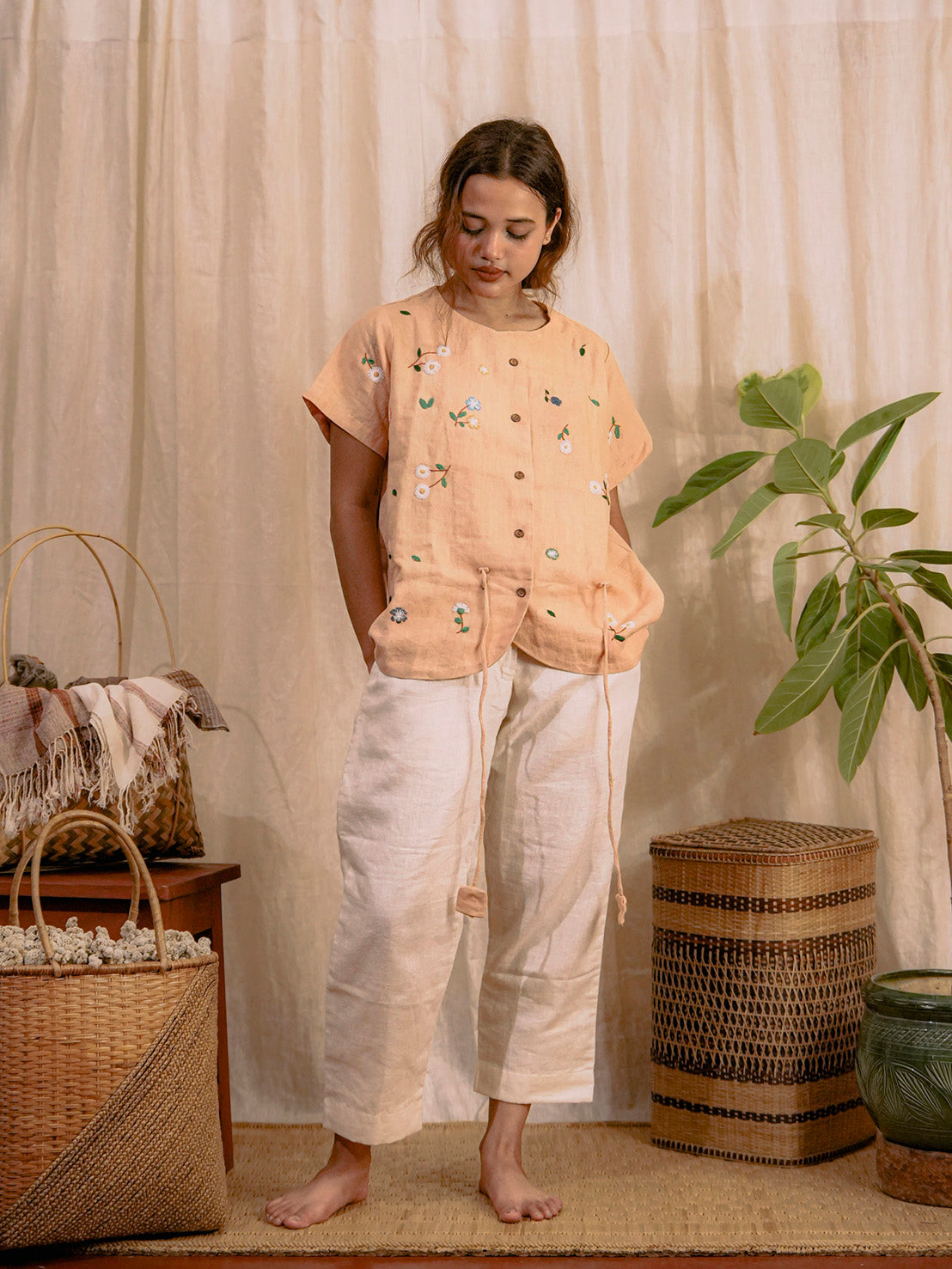 Daisy Daze | Linen Natural Dyed Embroidered Top