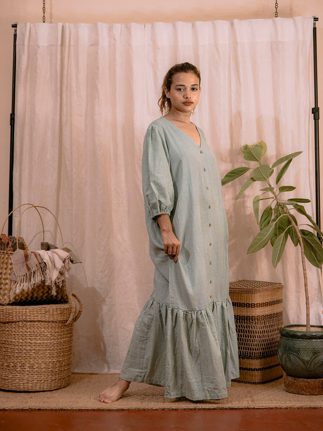 Green Check | Pure Cotton Maternity Dress Punarnawa Soul of Artistry Green Check | Pure Cotton Maternity Dress Punarnawa Soul of Artistry