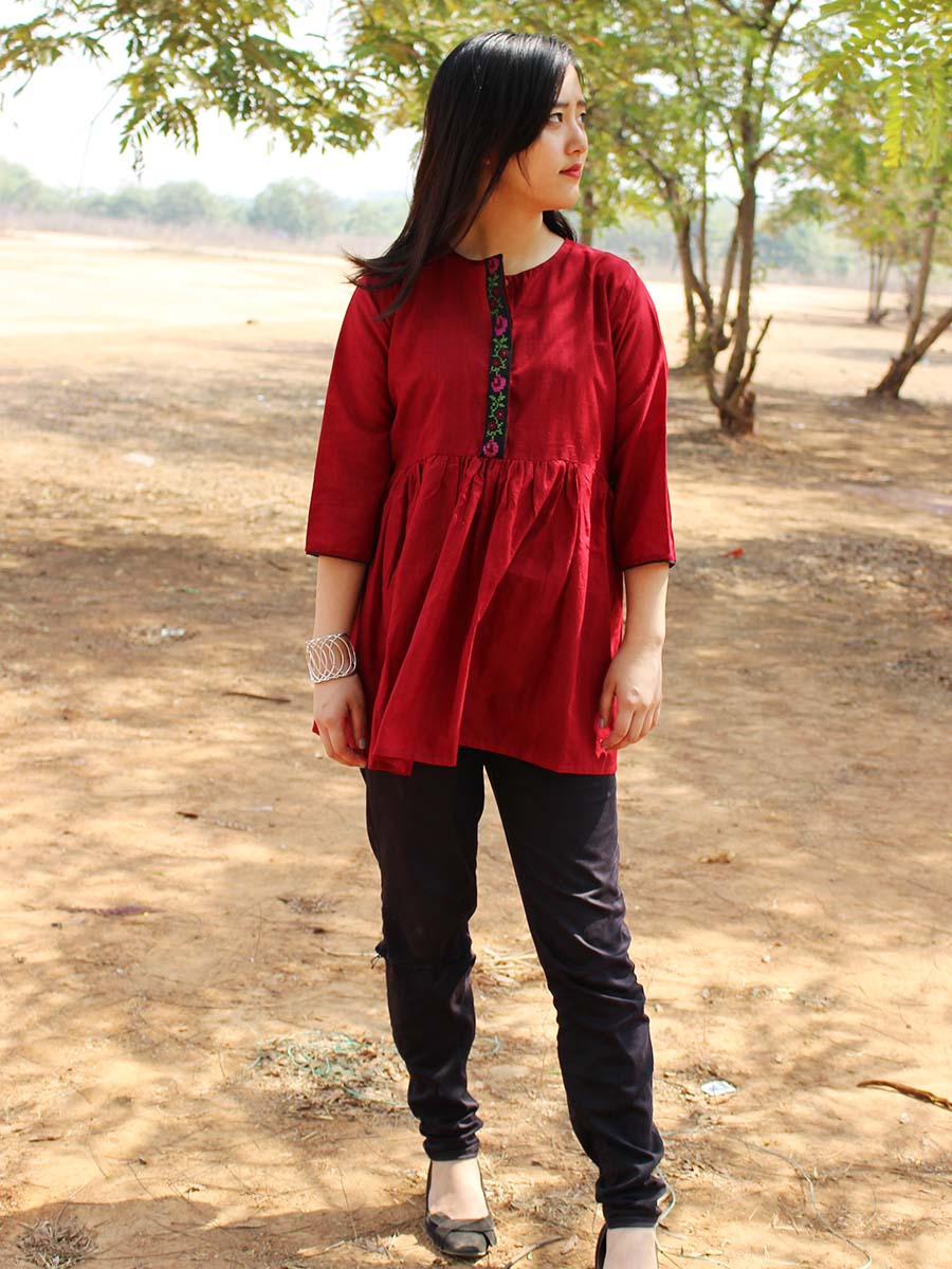 Rosey-Red Embroidered Handloom Kora Cotton Top