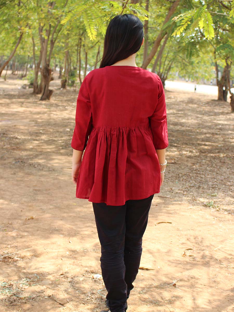 Rosey-Red Embroidered Handloom Kora Cotton Top