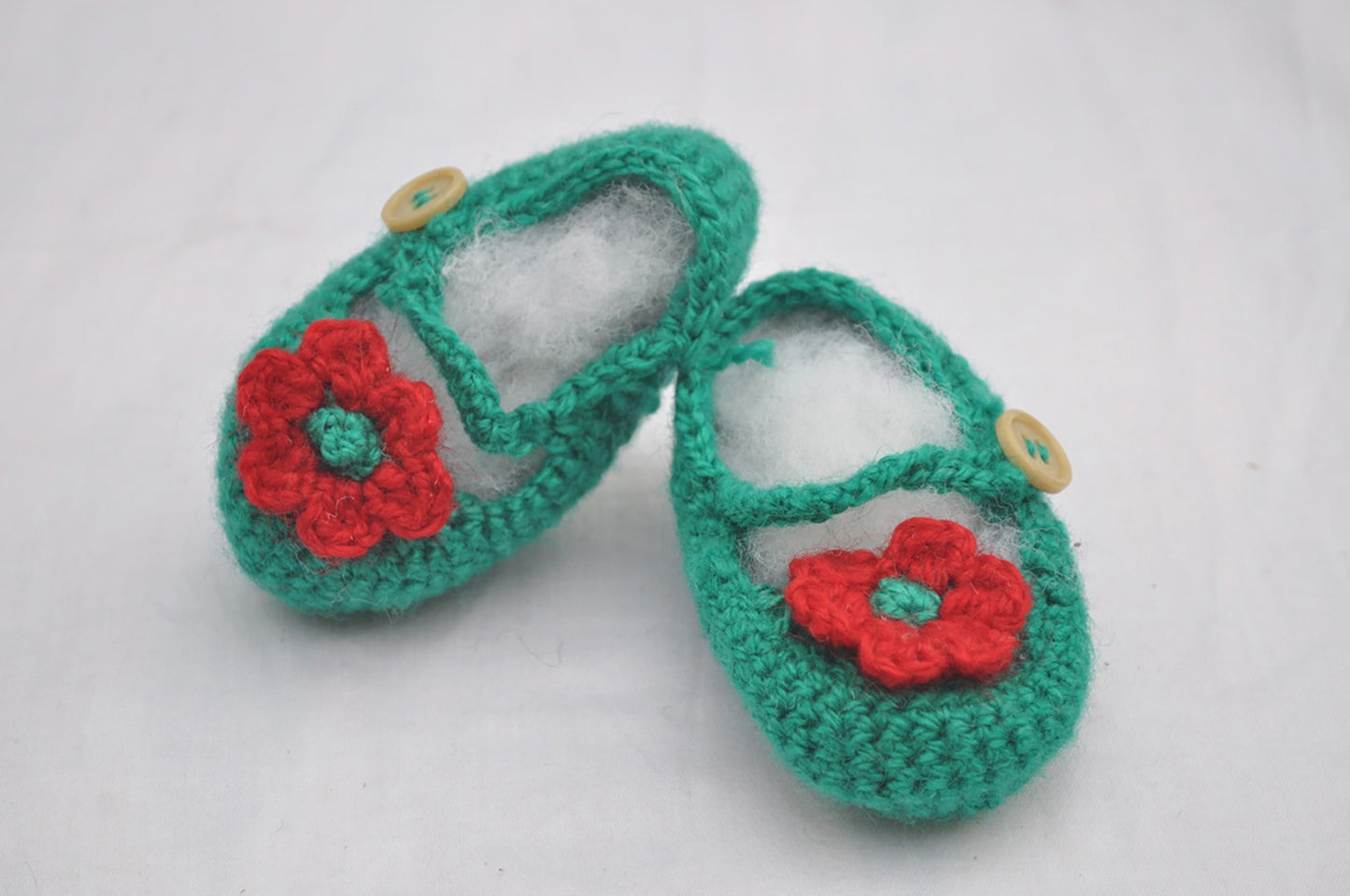Hand Crocheted- Green-Red Floral Shoes