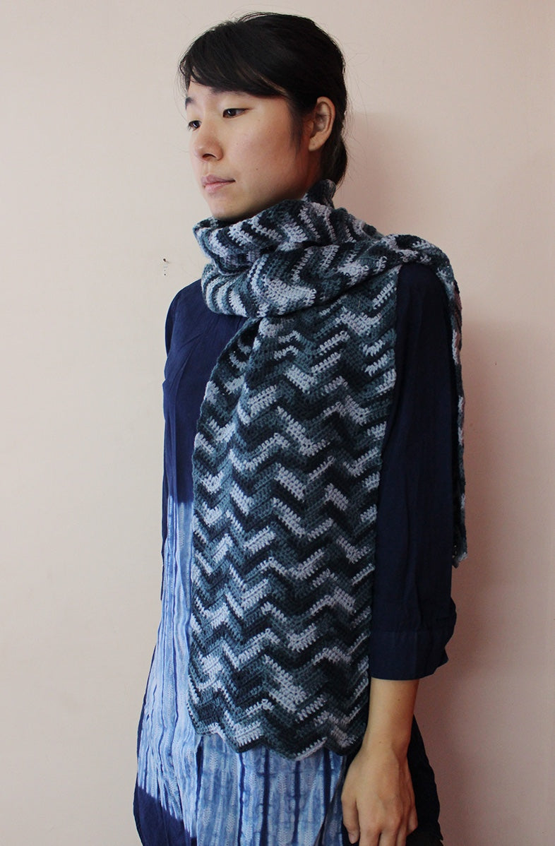 Hand Knitted Woollen Scarf- Patterned Blue