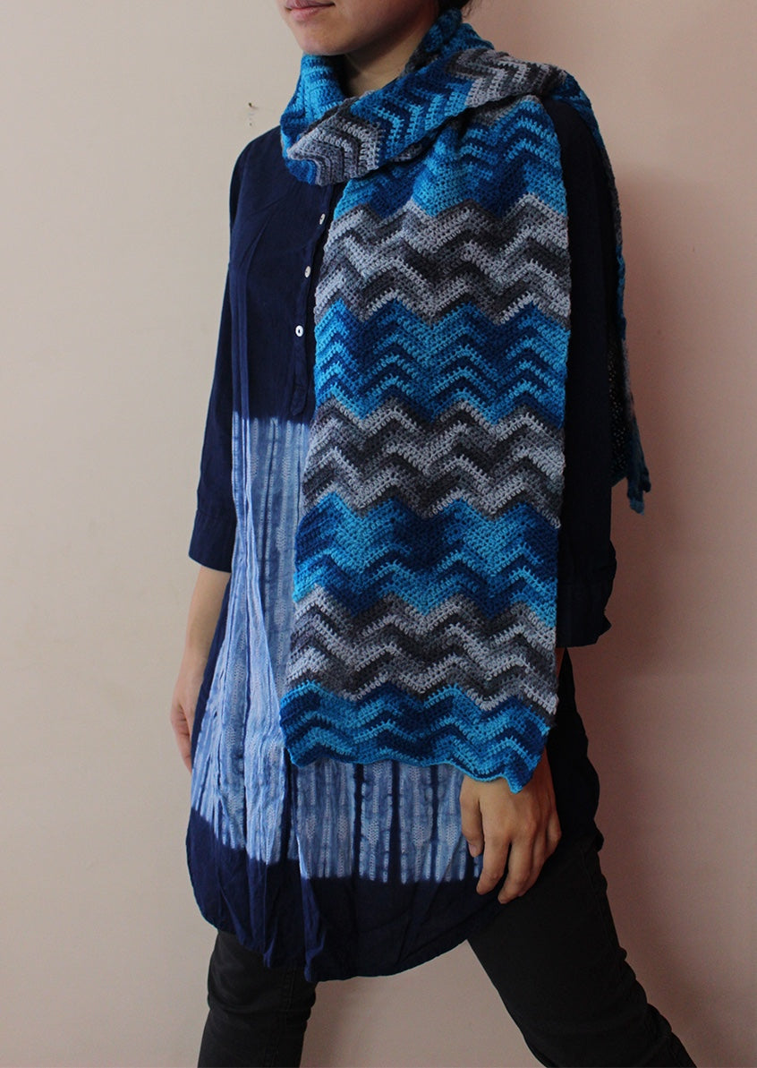 Hand Knitted Woollen Scarf- Patterned Blue