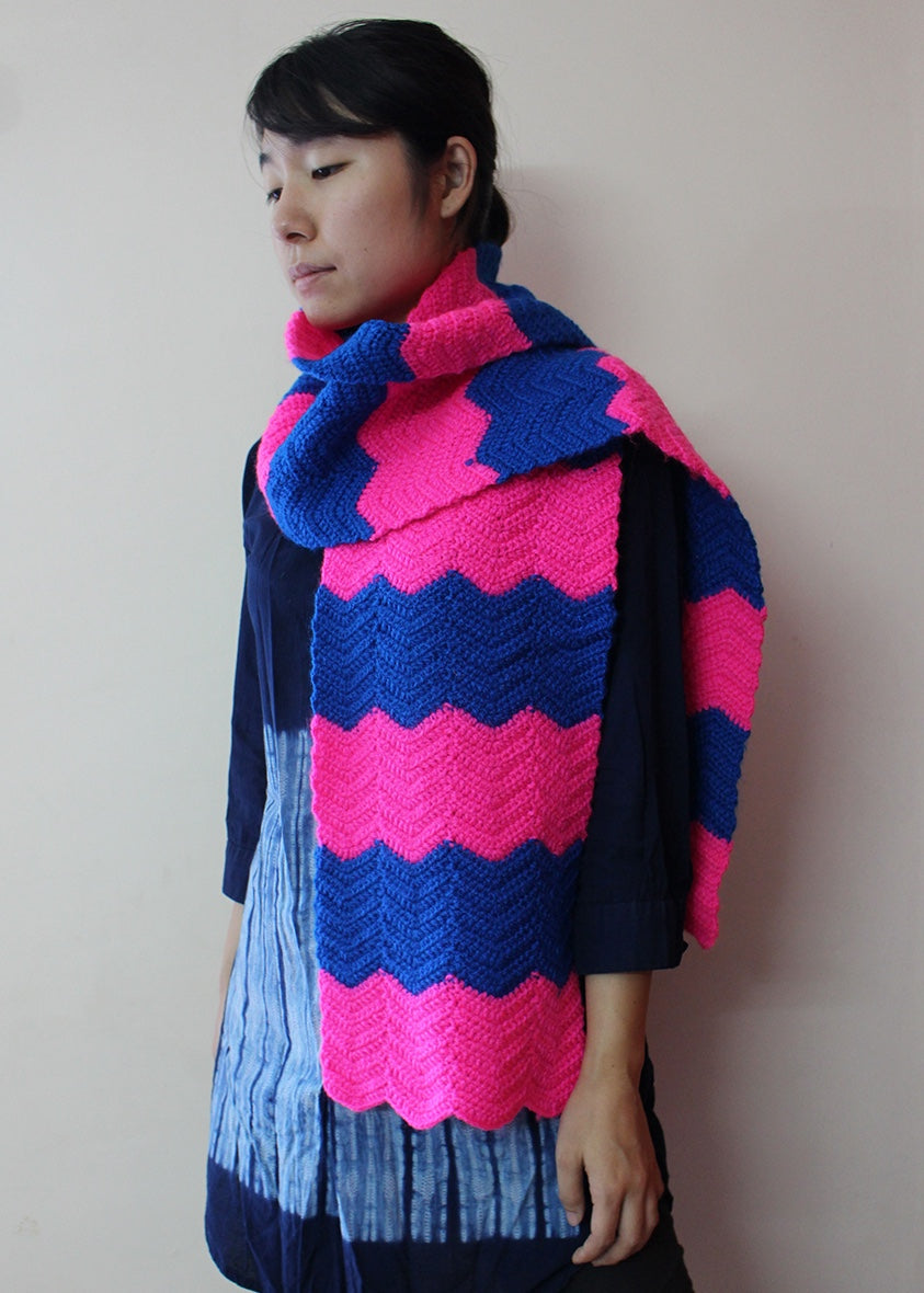 Hand Knitted Woollen Scarf- Blue-Pink