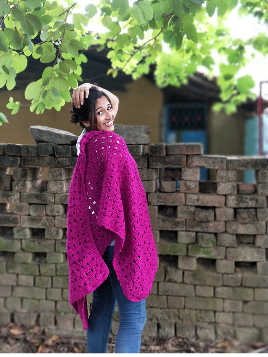 Hand Knitted Woollen Shawl- Dark Pink