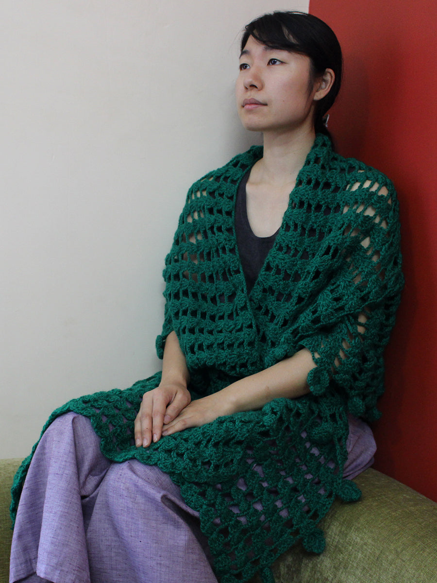 Hand Knitted Woollen Scarf- Dark Green